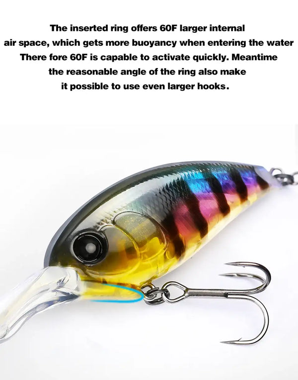 Crankbait lure with black head and colorful belly, treble hooks and clear body lip