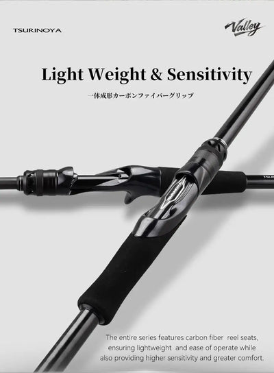Packable lure rod close-up with reel seat and black handle grips