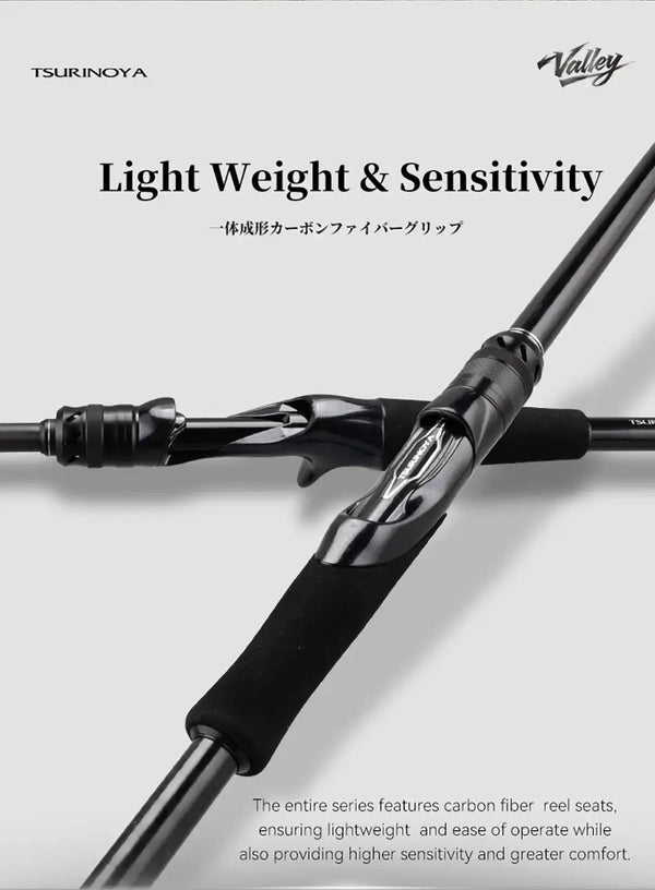 Packable lure rod close-up with reel seat and black handle grips