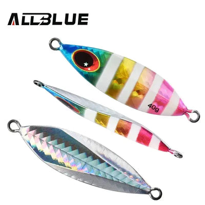 Multicolor striped metal fishing jig set with red eye, split-ring hooks, 40g marking