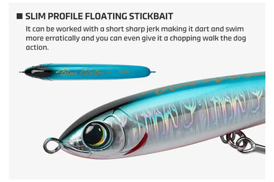 Noeby Blue Vortex floating stickbait lure, slim blue body with front eye and lip
