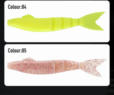 Jointed soft swimbait color options 04 bright chartreuse and 05 pink speckled