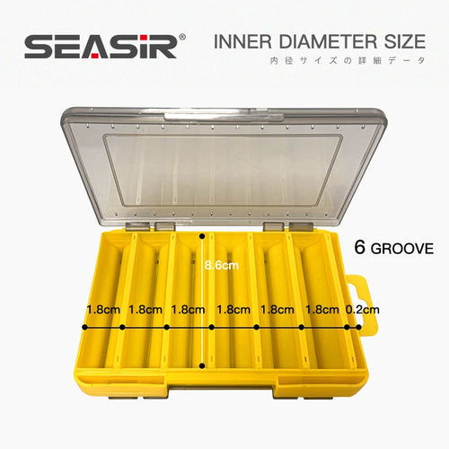 Yellow double-sided tackle box with clear lid and 6 rectangular storage grooves