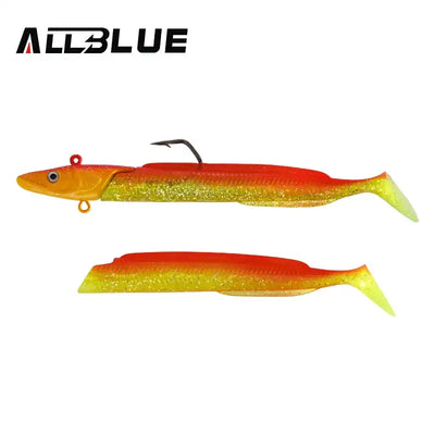 Soft paddle-tail fishing lure, orange-to-yellow gradient with black hook