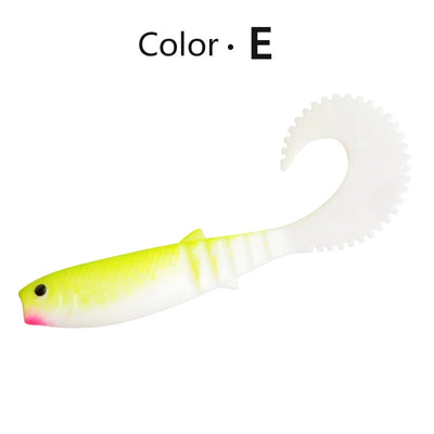 Soft shad silicone fishing lure, neon yellow and white, curved paddle tail