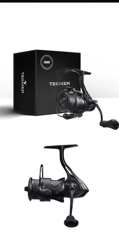 KINGDOM spinning fishing reel, black body with long handle and knob
