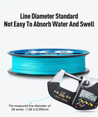 Blue braided PE fishing line spool with water-absorption and diameter measurement graphic