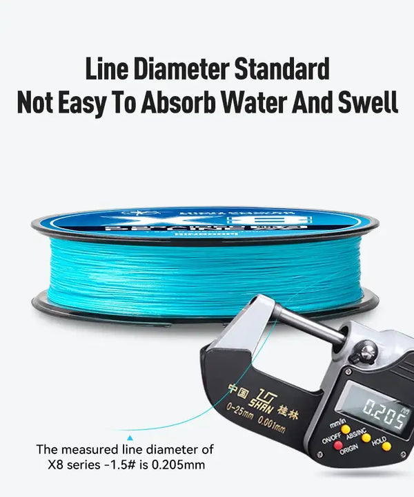 Blue braided PE fishing line spool with water-absorption and diameter measurement graphic