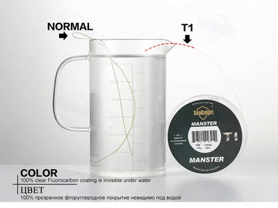 Fluorocarbon-coated monofilament fishing line, T1 spool with MANSTER label and clear line