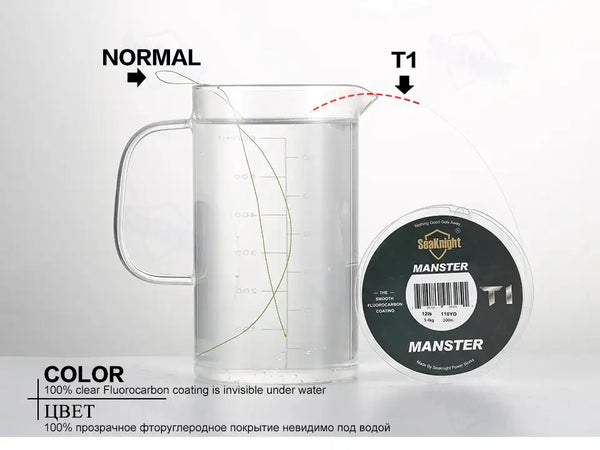 Fluorocarbon-coated monofilament fishing line, T1 spool with MANSTER label and clear line