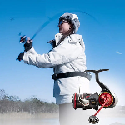 Spinning reel on fishing rod, red spool with black handle and bail