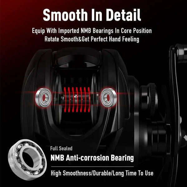 Black baitcasting reel close-up with NMB anti-corrosion bearing and red internal spring gear
