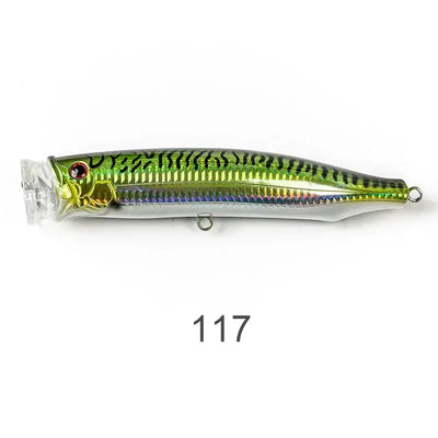 Black-green topwater wobbler fishing lure with lime stripes and front eye
