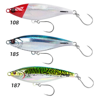 Three stickbait lures: red-white, blue-silver, and green tiger pattern with treble hooks
