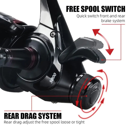 SeaKnight LUNA spinning reel showing free spool switch and rear drag system