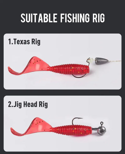 Soft plastic lures shown for Texas rig and jig head rig, red paddle tail