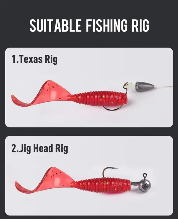 Soft plastic lures shown for Texas rig and jig head rig, red paddle tail