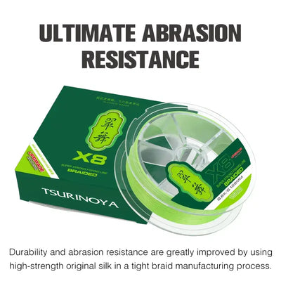 Green X8 braided fishing line spool with Tsurinoya packaging