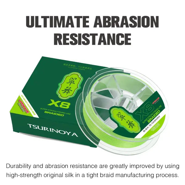 Green X8 braided fishing line spool with Tsurinoya packaging