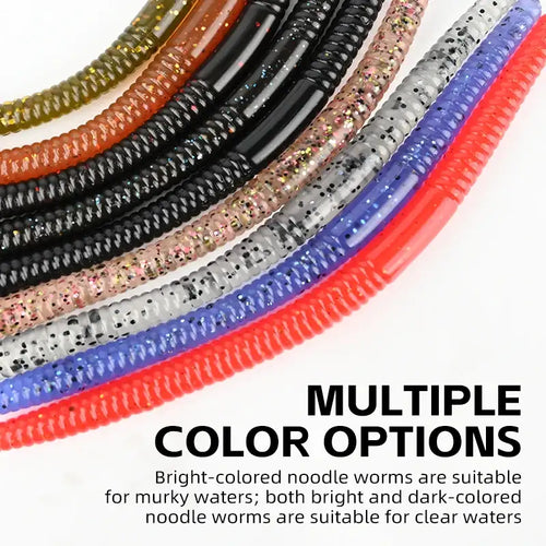 Close-up of multicolor silicone worm baits with glitter speckles on ribbed body