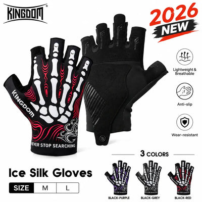 Pair of black half-finger ice silk fishing gloves with red swirl grip graphics