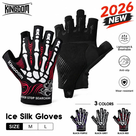 Pair of black half-finger ice silk fishing gloves with red swirl grip graphics