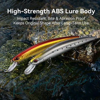 Fishing lure minnow, silver body with red stripe and clear lip, two treble hooks.