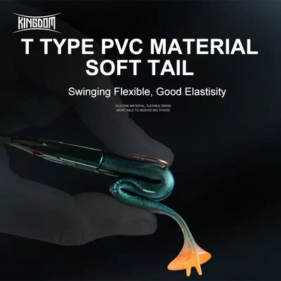 Green paddle-tail soft fishing lure with curved hook and flexible T-tail