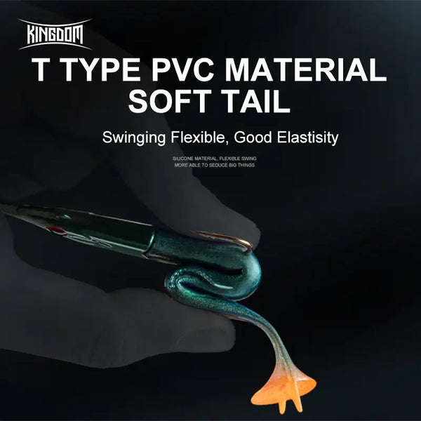 Green paddle-tail soft fishing lure with curved hook and flexible T-tail