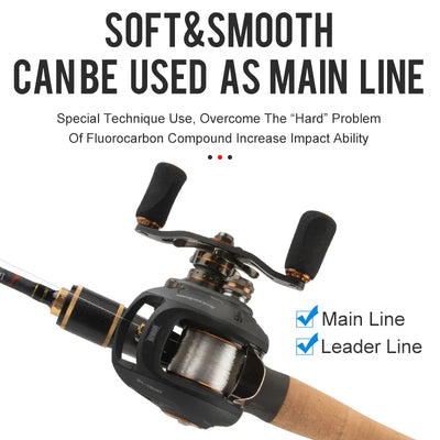 Fluorocarbon fishing line spool on baitcasting reel, shown for main and leader lines