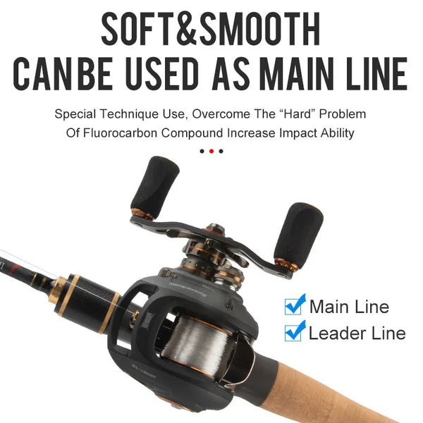 Fluorocarbon fishing line spool on baitcasting reel, shown for main and leader lines