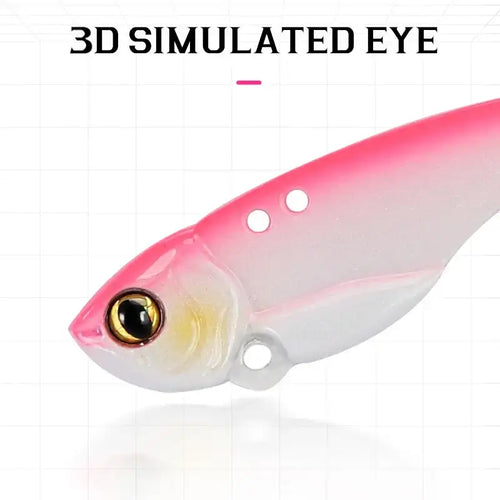 A pink and white TSURINOYA ARES-A metal VIB fishing lure with glossy finish and 3D simulated eye