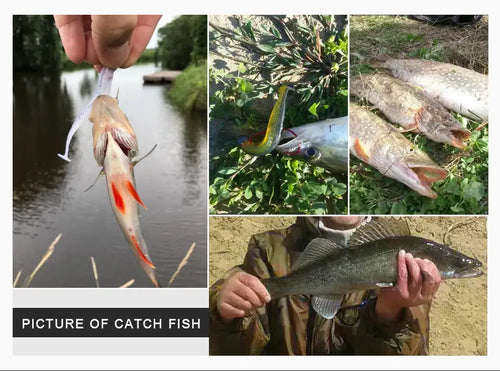 Red-tailed swimbait lure with a caught fish held in hand at a riverbank