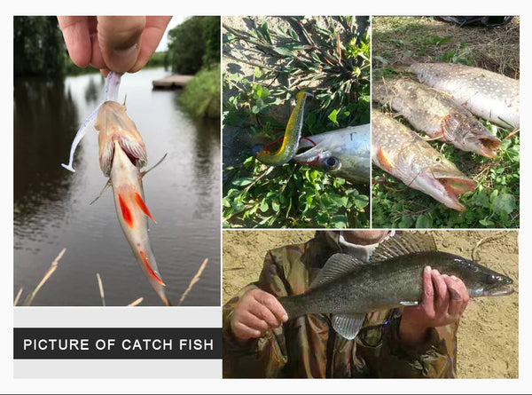 Red-tailed swimbait lure with a caught fish held in hand at a riverbank