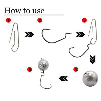 Instructions showing how to attach a ball sinker hook clip to a fishing hook