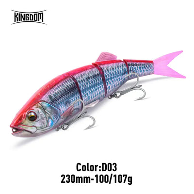 Multi-jointed hard fishing lure, red and blue scales with bright pink tail and silver trebles