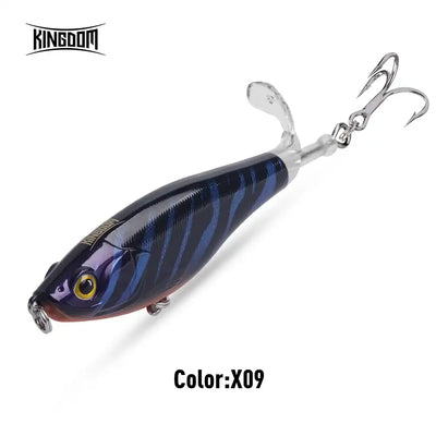 Floating hard fishing lure, dark blue body with light stripes and treble hooks