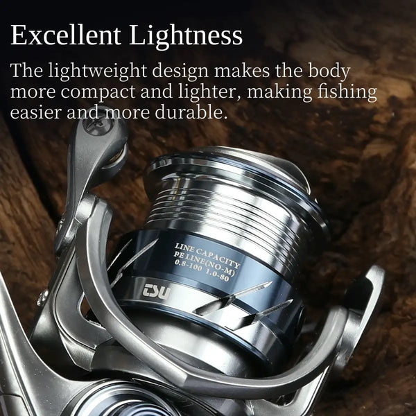 Silver spinning reel close-up with green line spool and circular handle