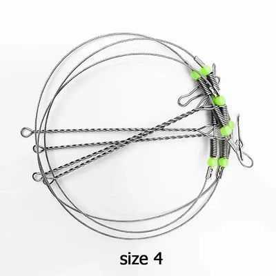 Steel wire fishing leader rig, size 4, with luminous green beads and snap clips
