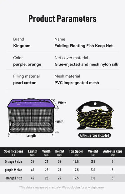 Foldable floating fish keep net with purple outer cover and black mesh basket
