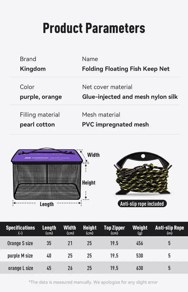 Foldable floating fish keep net with purple outer cover and black mesh basket