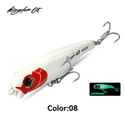 Pencil fishing lure in white and red, black eye, and two treble hooks