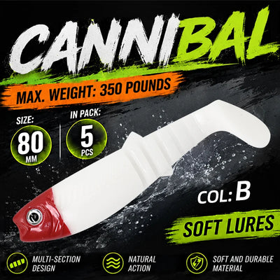 Meredith paddle tail swimbait set, 5-pack, 80mm: white body with red head and tail.