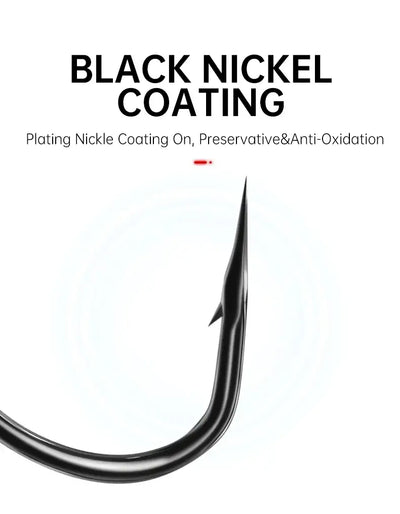 Black nickel coated crank fishing hook with curved point and wide gap