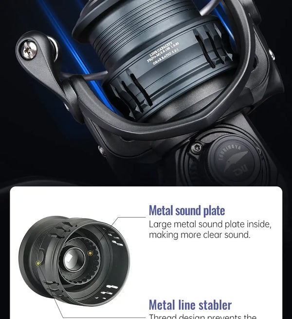 Black spinning fishing reel with shallow spool and FRERE logo on side plate