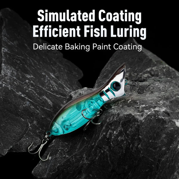Turquoise open-mouth popper fishing lure with treble hooks