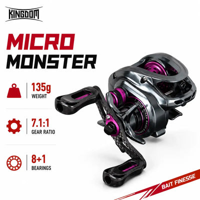 Micro baitcasting fishing reel with silver body and purple spool, dual handle grips
