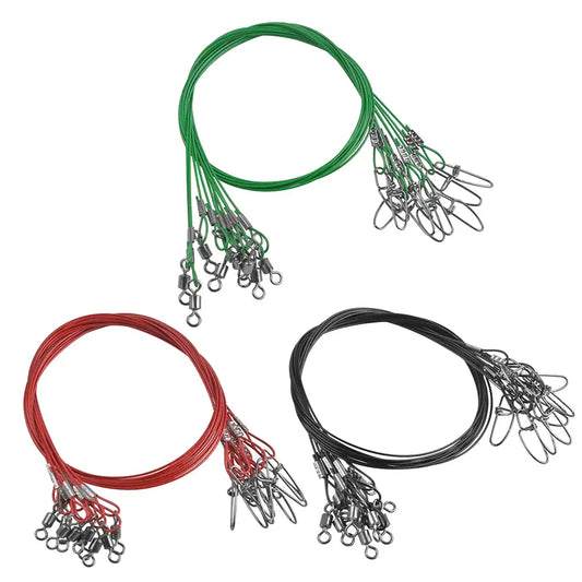 Assorted fishing leader loops in green, red, and black with crimped snap swivels