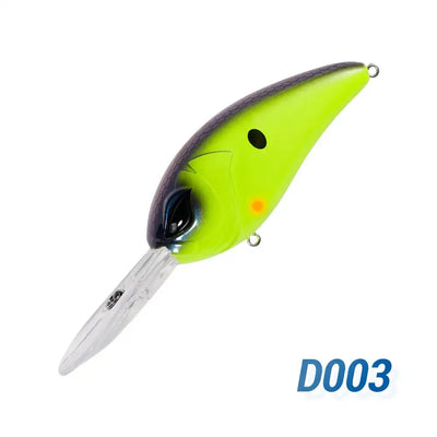 Neon green deep-diving crankbait with dark top, black eye, small red dot, diving lip