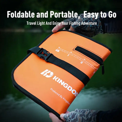 Folding floating fish keep net with orange cover and black mesh, compact with straps